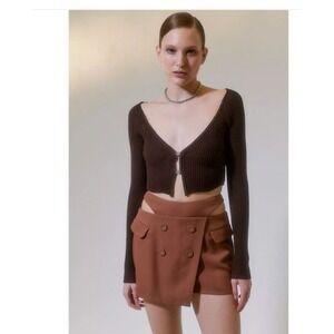For Love & Lemons Women Small Brown Alysa Cutout Mini Button Skort Feminine